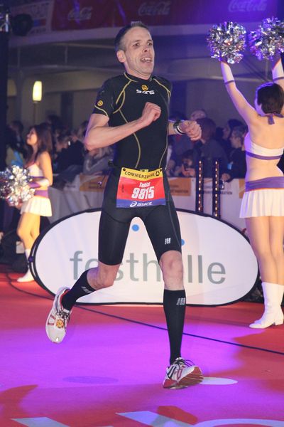 Crossing the finish line in the Festhalle